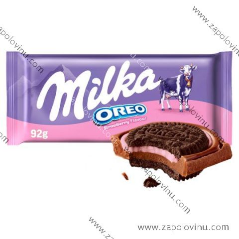 Milka Oreo s kousky kakaových sušenek v mléčné čokoládě s jahodovou příchutí 92g